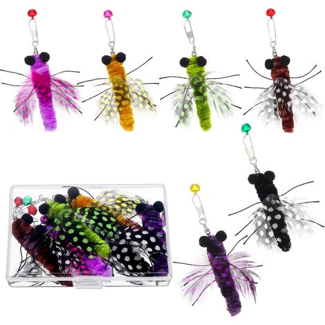 Pack de 6 juguetes de plumas de insectos para gatos, caña de pescar para gatos, plumas de repuesto en forma de insectos con campanas, juguete interactivo para gatitos y gatos