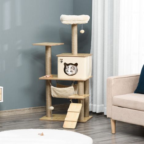 Arbre à chat tour de jeux pour chat. platesformes. niche. lit. hamac. échelle et griffoirs en jute 60x40x130cm jaune