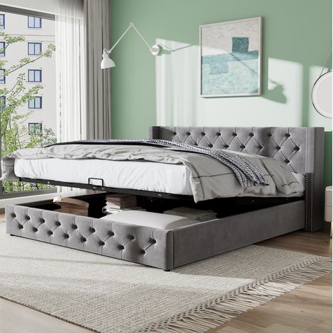 Cama tapizada 140/200 cm gris de terciopelo con arcón hidráulico (1/5)