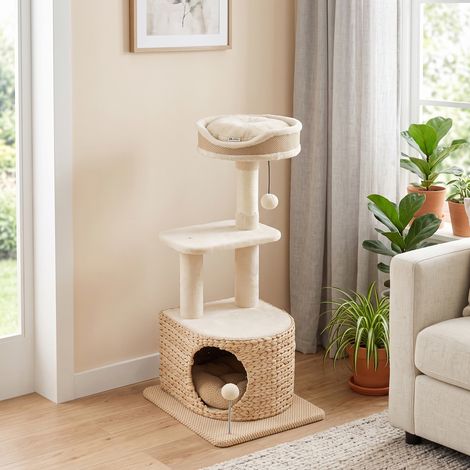 Arbre à Chat Design Moderne Style Tressé avec Griffoir 4 Niveaux Niche en Massette Perchoir en Jute 87 cm Beige (1/5)