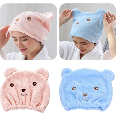Serviette Microfibre Cheveux,Ours Mignon Serviette de Bain Chapeau Enfants pour Cheveux à Séchage Rapide,Serviettes Bonnet de Bain à Séchage Rapide(Rose,Bleu) (1/5)