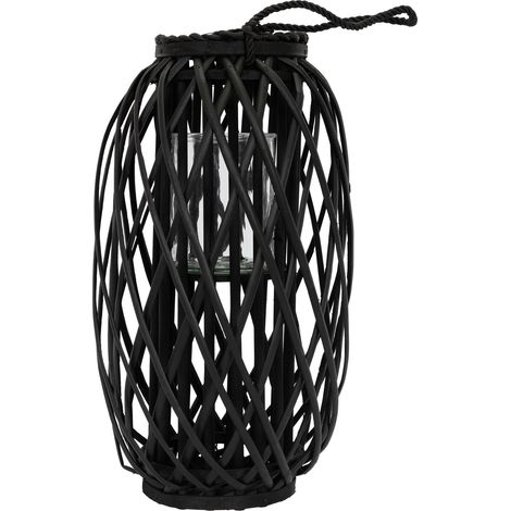 ECD Germany Laterne Ried 50 x Ø28 cm mit Henkel, Schwarz, Seilfaser, Flechtoptik, Rattan Windlicht mit Glaseinsatz, Retro-Laterne Korbgeflecht, Handgeflochtene Gartenlaterne Kerzenhalter Kerzenständer (1/5)