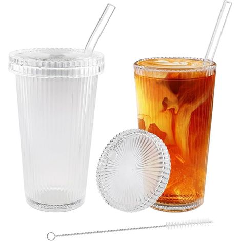 Glass with Lid and Straw, Coffee Cup Classic Water Glass with Brush for Soda Juice Milk Cocktail (1/5)