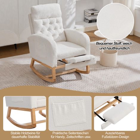 Fauteuil à bascule en tissu bouclé, chaise berçante avec repose-pieds réglable et poches latérales, idéal pour chambre d’enfant, chambre, salon, blanc, 65,6 x 123 x 102 cm (1/5)