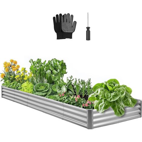 Raised Metal Vegetable Garden 360 x 120 x 29 cm Square Galvalume Raised Vegetable Garden Bed Open Bottom Garden Tray for Growing Vegetables, Flowers, Herbs, Grasses, Grey (1/5)