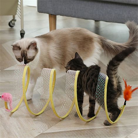 Tunnel pour Chat Pliable en Forme de S avec Plume Interactive en Maille Élastique et Fil d'Acier Léger pour Jeu Intérieur Extérieur (1/4)