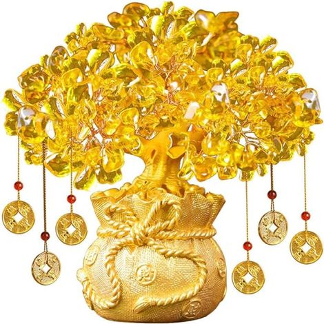 Bonsaï en citrine naturelle, surnommé « Arbre à argent », symbole traditionnel du Feng Shui, résine naturelle, fabrication artisanale raffinée, pour la décoration intérieure, 19 x 10 x 22 cm, doré (1/5)