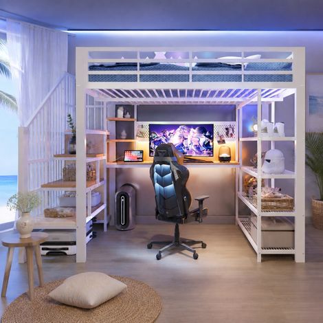 Letto a soppalco 140x200 cm con scrivania, mensole, LED e presa euro bianco HAVRYA (1/5)