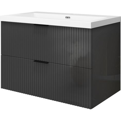 Meuble de salle de bain suspendu 80 cm, 2 tiroirs, avec vasque blanche,MDF anthracite brillant (1/5)