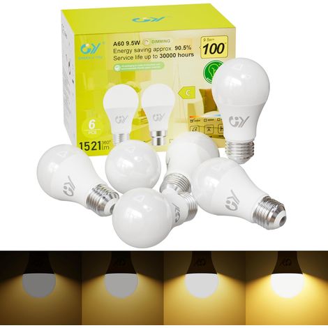 Ampoule LED E27 Dimmable, 9.5W Équivalent 100W, Blanc Chaud 3000K 1521LM,Classe C Ampoule Edison A60, Compatible avec Variateur de Lumière, Lot de 6 (1/5)