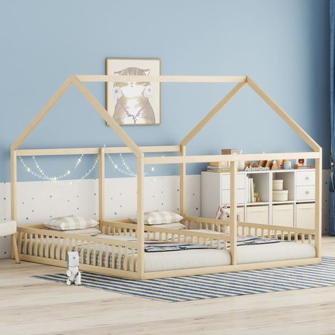 Letti a casetta per bambini 90x200cm 2 letti, pino, senza materasso, colore naturale (1/5)