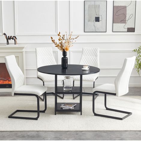 Ensemble table ronde 107 cm et 4 chaises blanches, MDF et métal, style industriel REDOM (1/5)