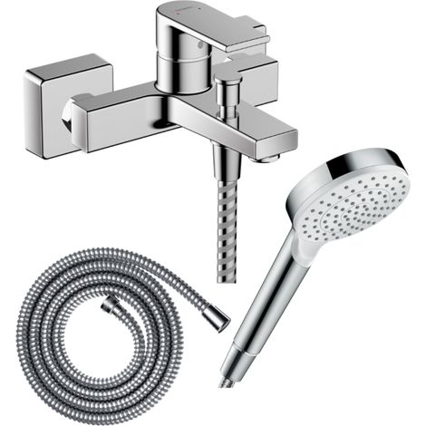 Pack mitigeur bain douche mécanique HANSGROHE Vernis Shape C2 + Flexible Metaflex + Pommeau Vernis Blend 100 EcoSmart 1jet chromé
