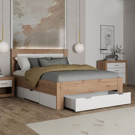 Cama matrimonial Munnar, tamaño colchón 160x200 cm, cabecera detalle rayado, soporta 200 kg, roble marrón con nudos (1/5)