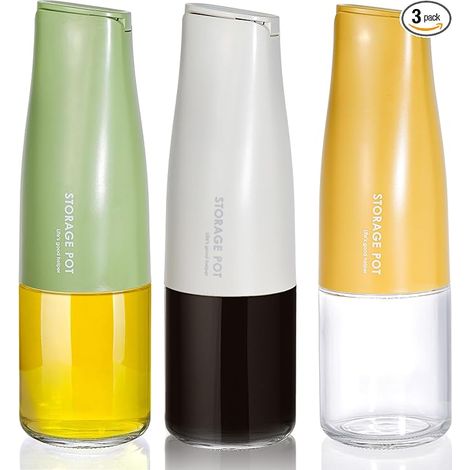 Lot de 3 flacons distributeurs d'huile d'olive en verre, 500 ml (17 oz), pour huile et vinaigre de cuisine, avec bec verseur facile, anti-goutte, couvercle à ouverture automatique, 3 couleurs (1/5)