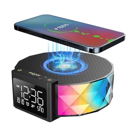 Digitaler Wecker mit 15-W-Schnellladefunktion, Nachtlicht fürs Schlafzimmer, 5-farbiges RGB-Nachtlicht, Schlummerfunktion, 8 Musikrichtungen mit Kabel (schwarz)