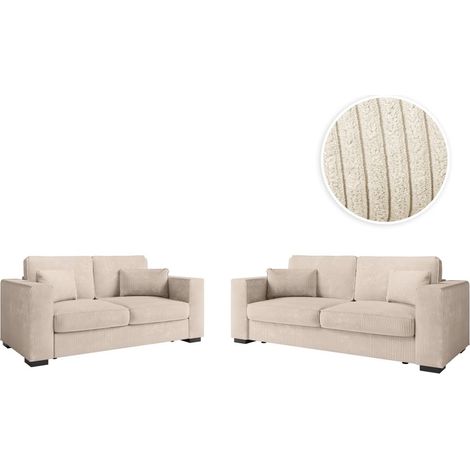 Loungitude – Canapé droit 2 + 3 places en velours côtelé – Beige – Montage facile, livré en 4 colis – Confort moderne pour petits espaces (1/5)