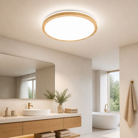Plafonnier LED bois 24W 2400lm 4000K rond moderne design - 30cm IP44 ultra fin - chambre salle de bain cuisine salon salle à manger