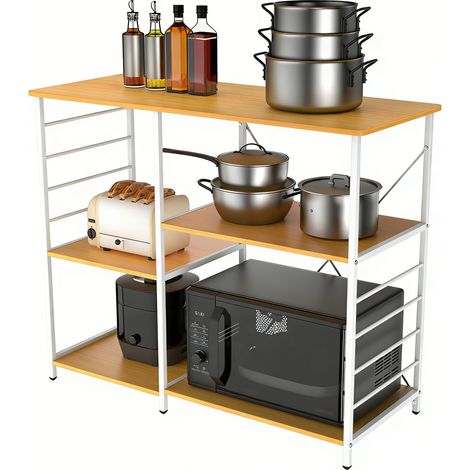 Haloyo® Mensola da cucina a 4 ripiani con 8 ganci, design industriale, mensola autoportante da appoggio realizzata in tubi metallici, 39x90x83 cm, colore noce (1/5)