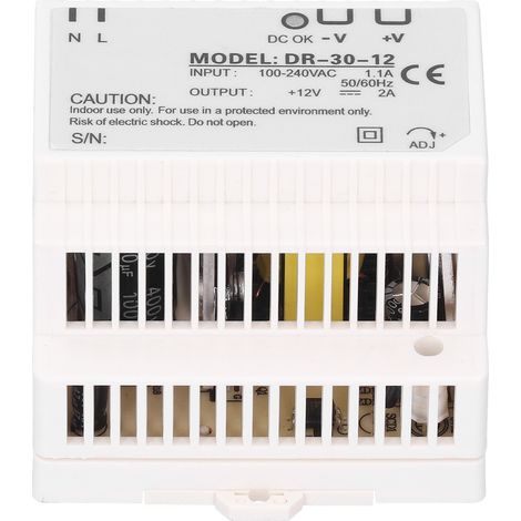 Alimentation à découpage DIN Rail 30W 12V DR-30-12, tension d'entrée 100-240VAC, certifiée BERM, pour armoires électriques et automatismes industriels. (1/5)