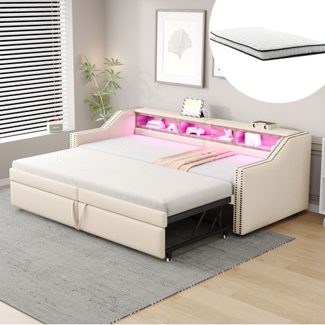 DESVIAE Canapé lit rembourré extensible 90 x 200 180 x 200 avec rangement latéral LED USB sommier à lattes matelas à ressorts beige (1/5)