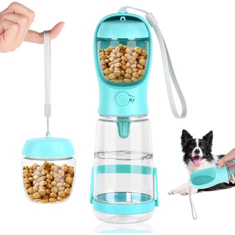 Bouteille d'eau pour Chien, Gourde pour Chien pour Les Déplacements, avec Pied Contre Les Déversements et Distributeur de Nourriture pour Chat, Gamelle avec Valve Anti-Retour (Bleu, 550ML) (1/5)