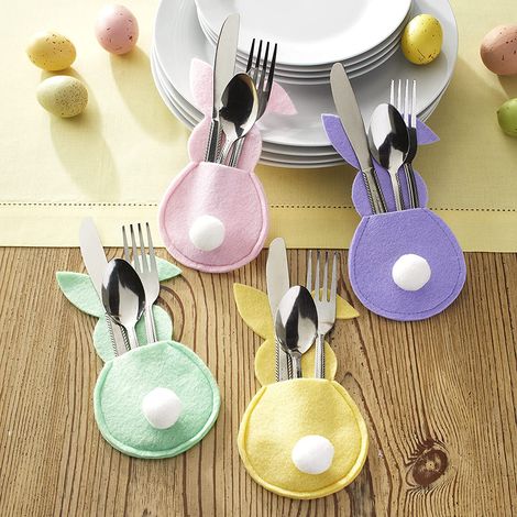 16-teiliges Osterhasen-Bestecktaschen-Set, Hasen-Besteckhalter, Aufbewahrungstaschen für Geschirr und Küchenutensilien für Zuhause, Partys und Tischdekoration (1/5)