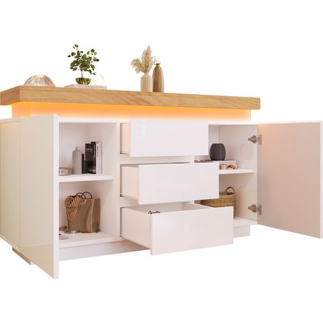 Aparador con 2 Puertas y 3 Cajones y LED, Acabado Brillo, Estilo Moderno, en Tablero, Blanco, 140×39×81 cm (1/5)