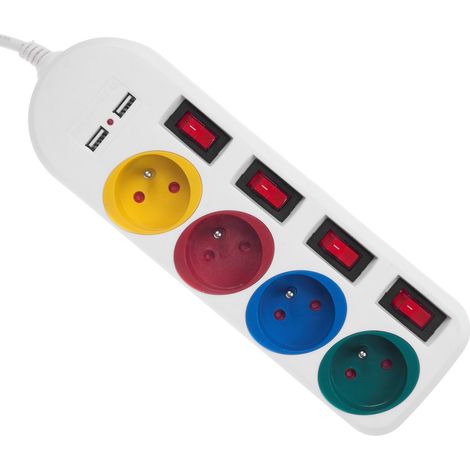 Maclean mce229 w alargador regleta con enchufes cable de prolongación de 4 tomas + 2xusb con interruptores, 250vac/10a, 2,1a 5v, 1,5m, blanco