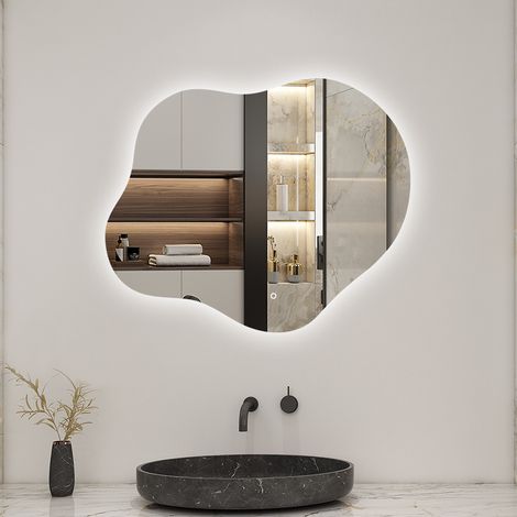 AICA Miroir de salle de bain Asymétrique en Forme de Nuage 60×50cm, Rétro-Éclairage, Design Irrégulier, Tricolore + Dimmable + Anti-buée + Mémoire
