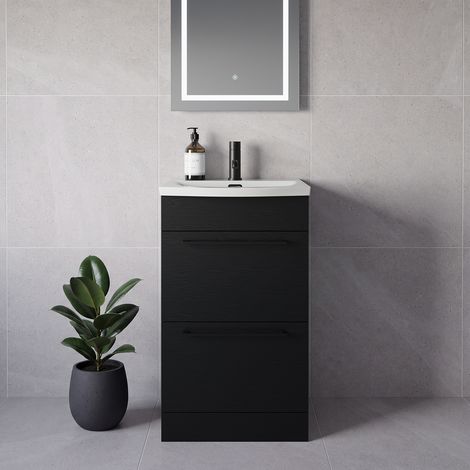 Napoli 390 Nero Oak 500mm 2 Drawer Vanity Unit with Arc Basin - 500mm - Matt Black 320mm Handle
