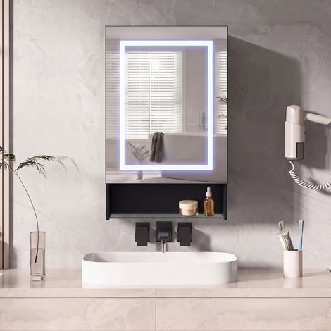 LED-Badspiegelschrank schwarz 50x88 cm – mit Antibeschlagfunktion, verstellbaren Einlegeböden und vielseitigem Stauraum – modernes Design