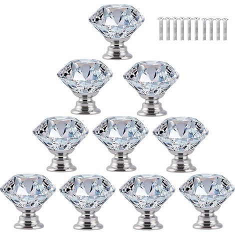 10pcs Door Knob Handle Cupboard Furniture Drawer Cabinet, 30mm Crystal Glass Diamond with Screws - Transparent