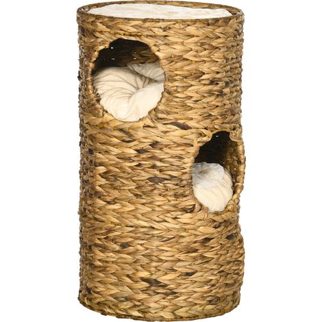 Grotte pour chat à 3 niveaux, 3 entrées, style bohème, coussin inclus, 40 cm x 40 cm x 73 cm, marron clair et blanc crème (1/5)