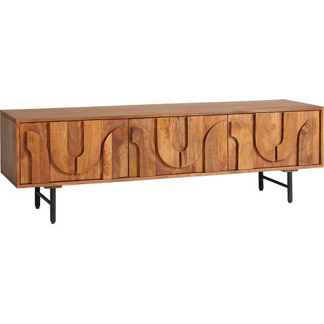 Meuble TV avec 3 portes en bois de manguier et métal noir - Naturel clair - MIZORAM de Maison Céphy