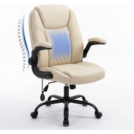 Bürostuhl aus Leder mit verstellbarer Lendenwirbelstütze, dicker Polsterung, klappbaren Armlehnen und ergonomischer Rückenlehne – für Homeoffice und Gaming, Beige (1/5)