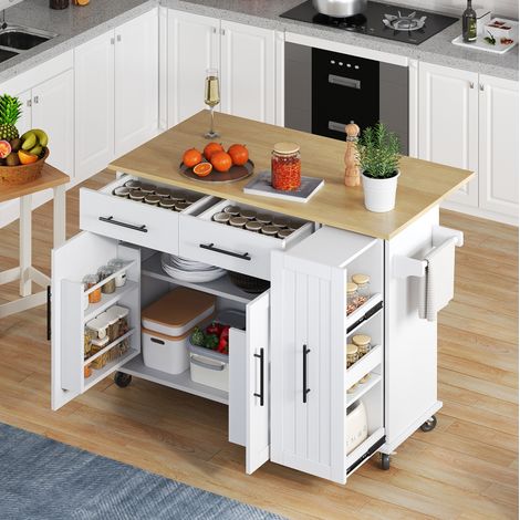 Isla de cocina (120x40(65)x90 cm), con estante extraíble de 3 niveles, tablero abatible, MDF, blanco y natural