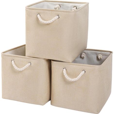 Lot de 3 boîtes de rangement en tissu beige 33x38x33 cm pliables avec poignées corde (1/5)
