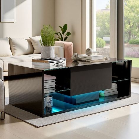Mesa baja rectangular con LED, 100x50x35 cm, Mesa baja moderna de salón, 4 estantes y 1 cajón, Mesa auxiliar, Negra (1/5)