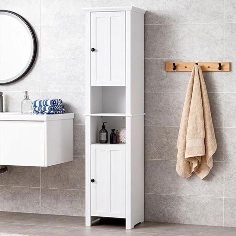 Meuble colonne de salle de bain – 170,3 x 36,3 x 28 cm – MDF blanc brillant – 2 portes – 6 niveaux – Home Nature Wohnkonzept (1/5)