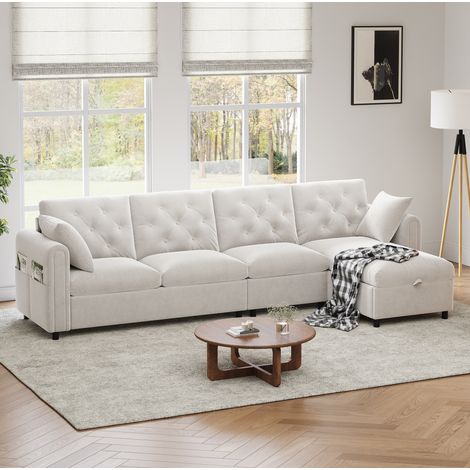 Ecksofa Samt Beige mit Schlaffunktion und Stauraum, links/rechts montierbar, 281x132x86 cm (1/5)