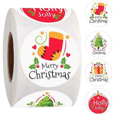 500 autocollants Joyeux Noël, 4 modèles ronds, pour la décoration de boîtes cadeaux, cartes de vœux, enveloppes et articles de papeterie. (1/2)