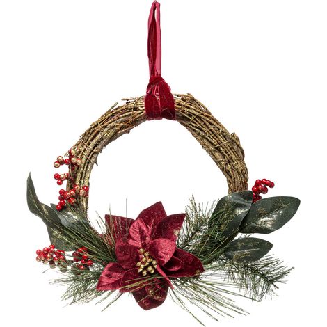 Couronne de  Noël Poinsettia en velours bordeaux avec décoration D 38 cm - Feeric Christmas
