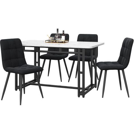 Table 120x70cm noire et 4 chaises velours noir, pieds fer moderne