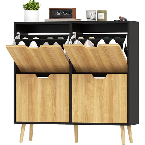 Meuble à chaussures étroit avec 4 tiroirs abattants et étagères réglables pour 16 paires, 95 x 26 x 95 cm, naturel et noir (1/5)