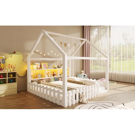 Lit cabane enfant 140 x 190 cm avec barrières latérales et éclairage LED, niches ouvertes et structure en pin, pin, blanc (1/5)