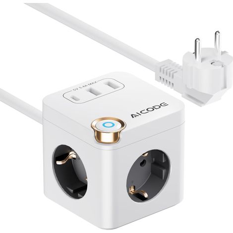 Multiprise cube avec 3 prises USB (1 type C) avec interrupteur, multiprise 3680 W avec câble, pour bureau, maison, blanc (1/5)