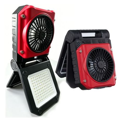 The X98 red solar camping fan features an 8000mAh USB rechargeable battery, an LED light panel, a timer, and four fan speeds. (1/5)
