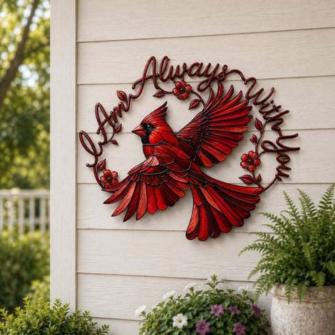 Neues Wandbild aus Metall mit Kardinalmotiv – Ich bin immer bei dir – Roter Vogel – 30 cm
