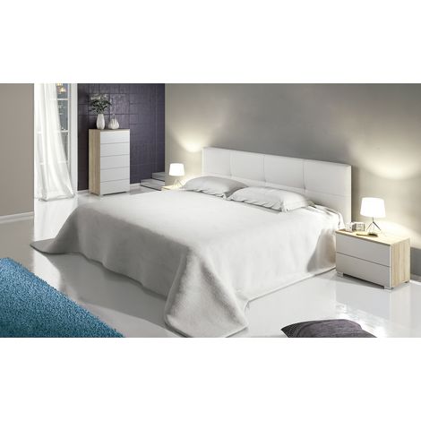 Ensemble chambre à coucher, tête de lit capitonnée + 2 tables chevets + chiffonnier coloris Blanc/Chêne cambrian -PEGANE- (1/5)